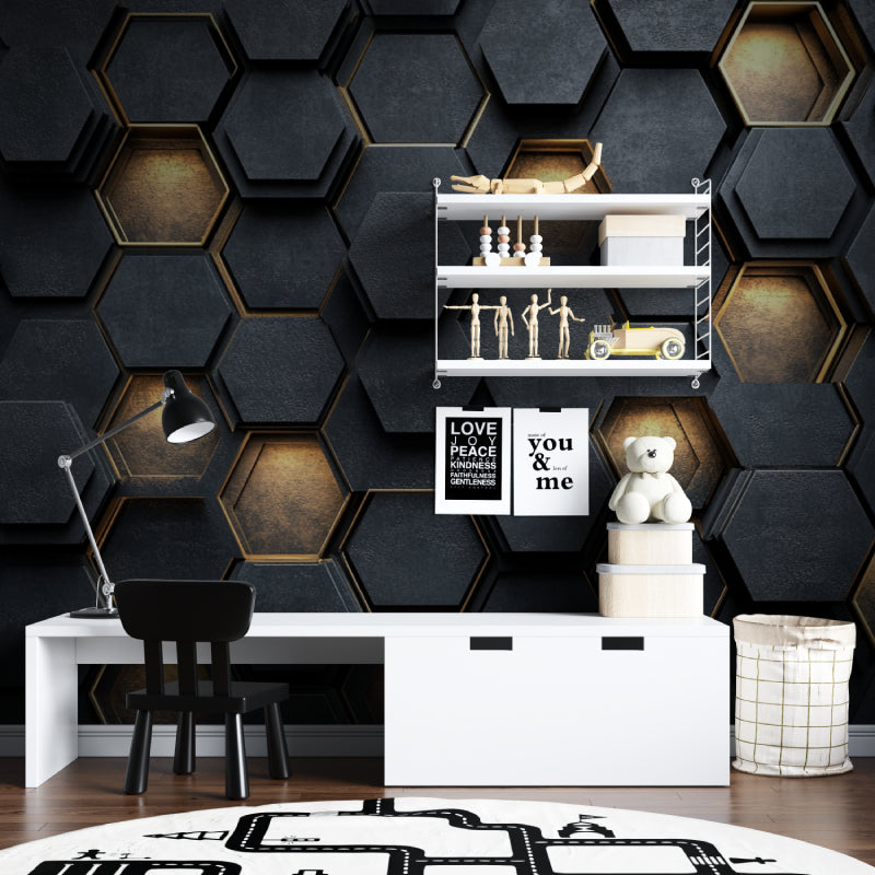 Home office with 3D Geometric Wallpaper in black and gold adding sophistication