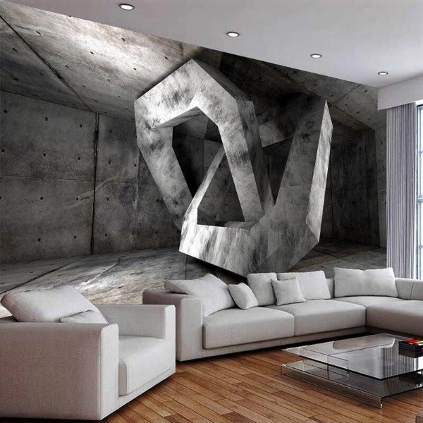 3D concrete wall mural transforming urban loft bedroom with industrial lighting fixtures