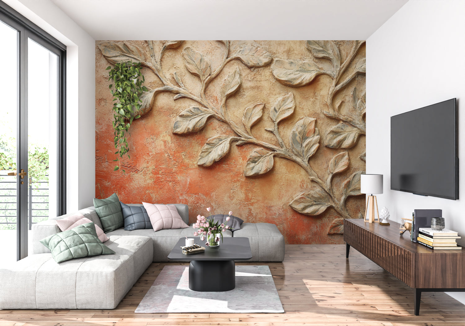 Terracotta relief wall mural creating depth in minimal living room setting