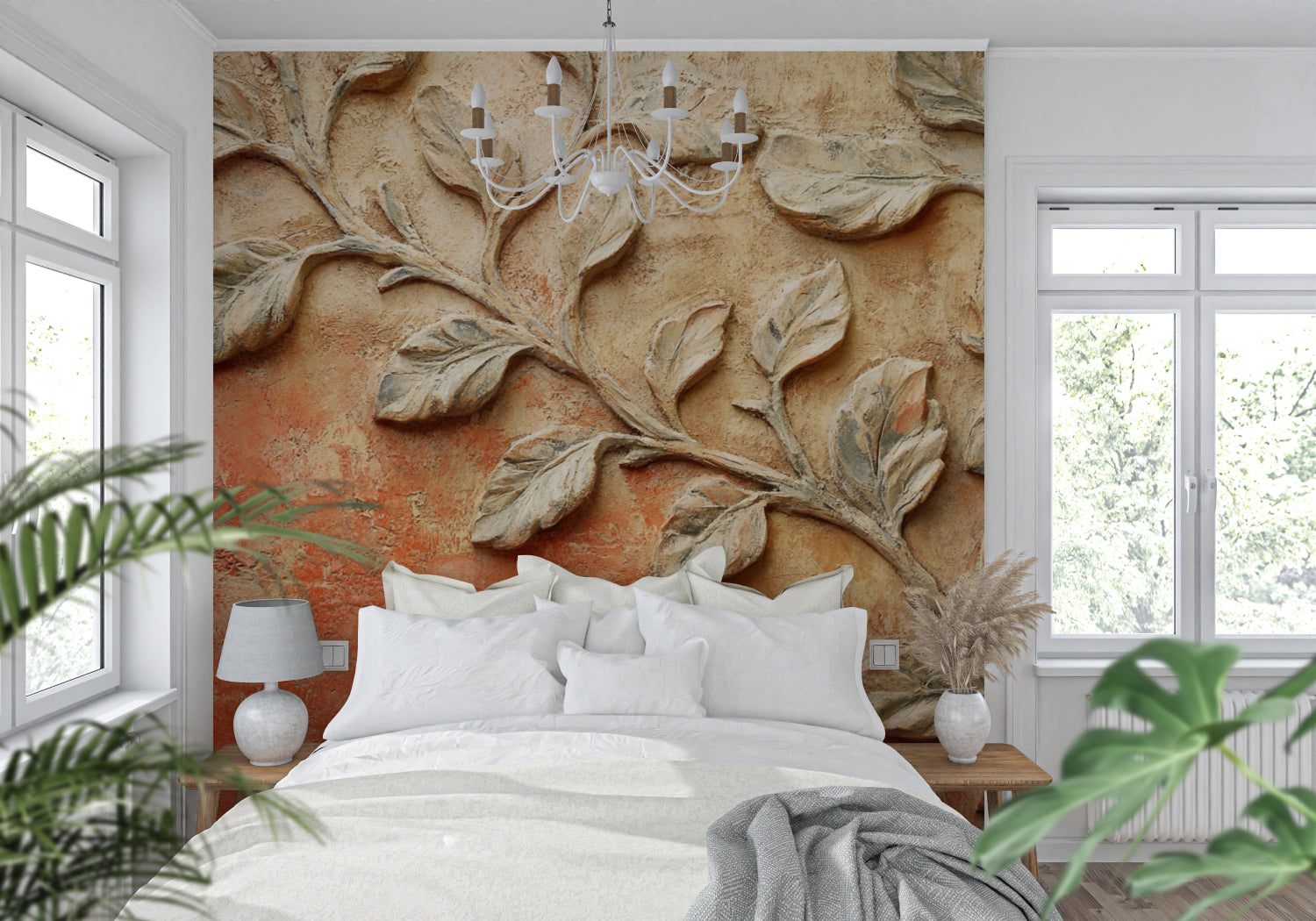 Botanical 3D wallpaper bringing Mediterranean warmth to bedroom wall