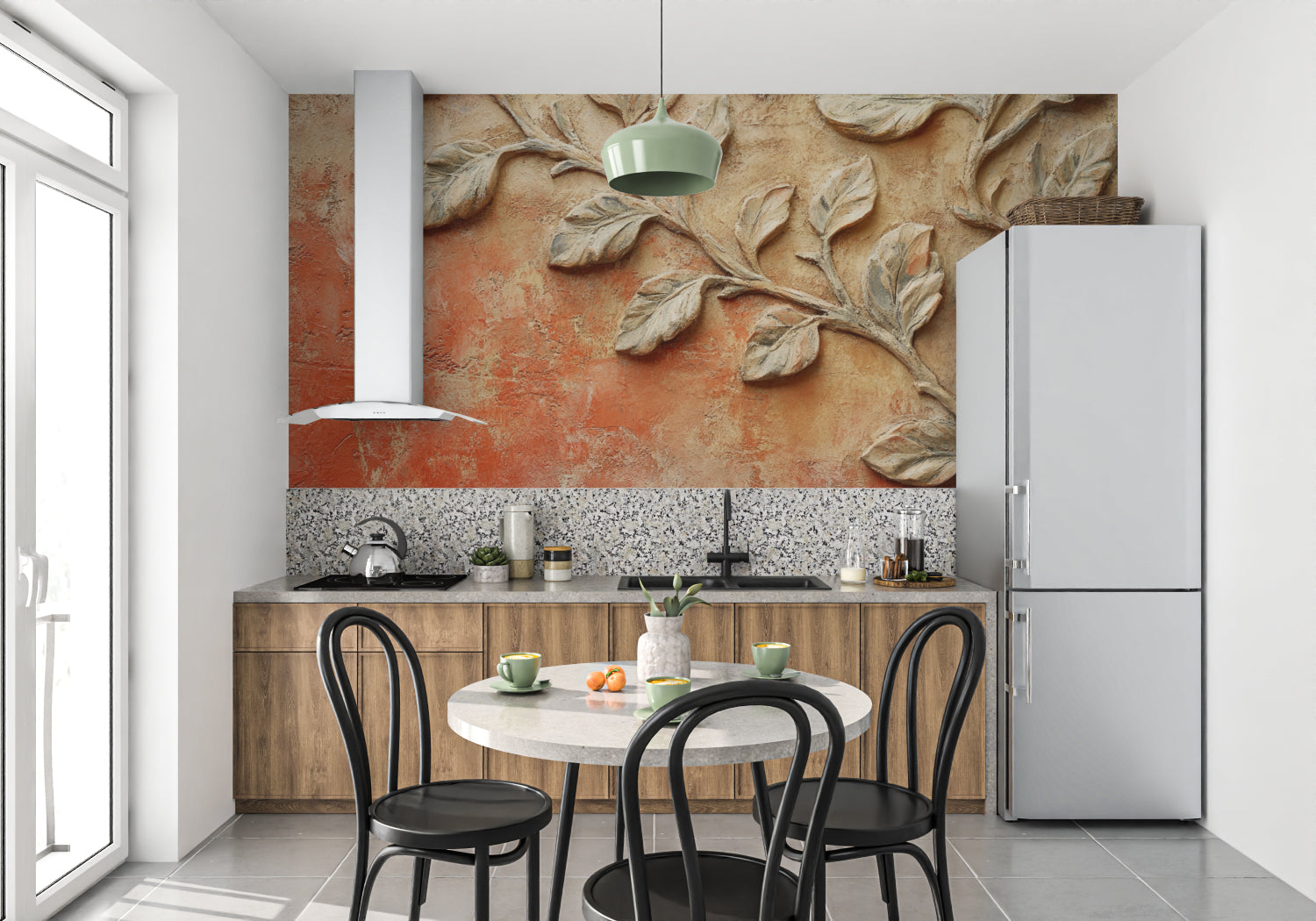Sculptural leaf pattern creating statement wall in entrance hallway