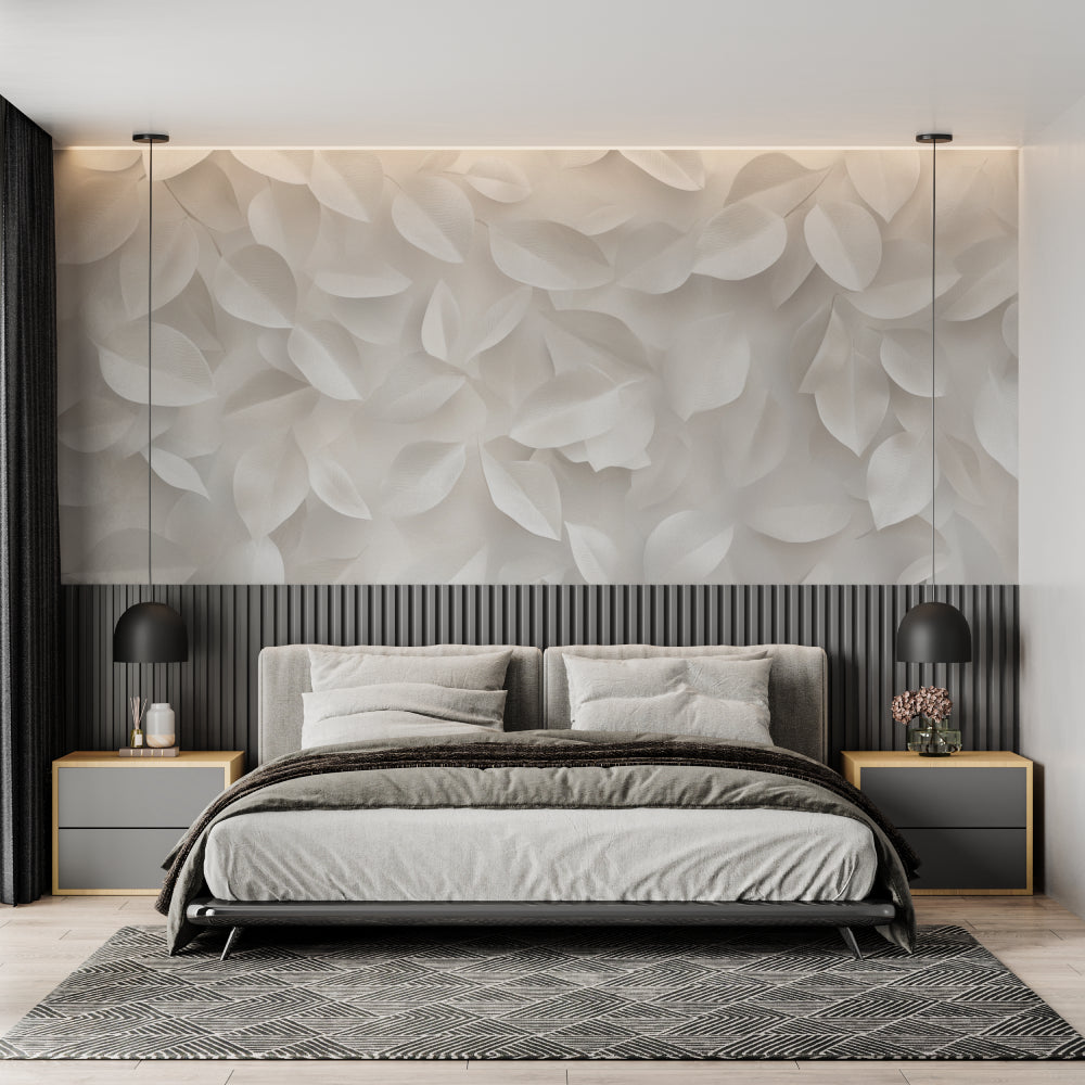 3D leaves wallpaper creating depth in modern living room with natural light highlighting textured pattern