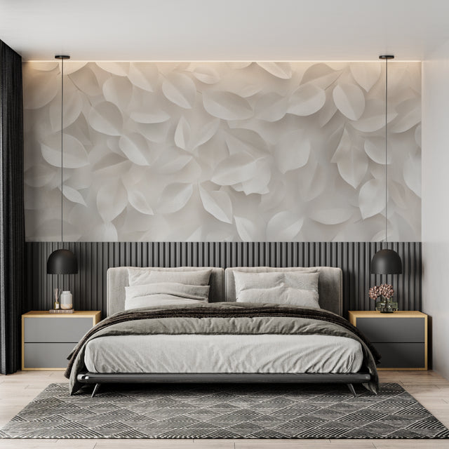 3D leaves wallpaper creating depth in modern living room with natural light highlighting textured pattern