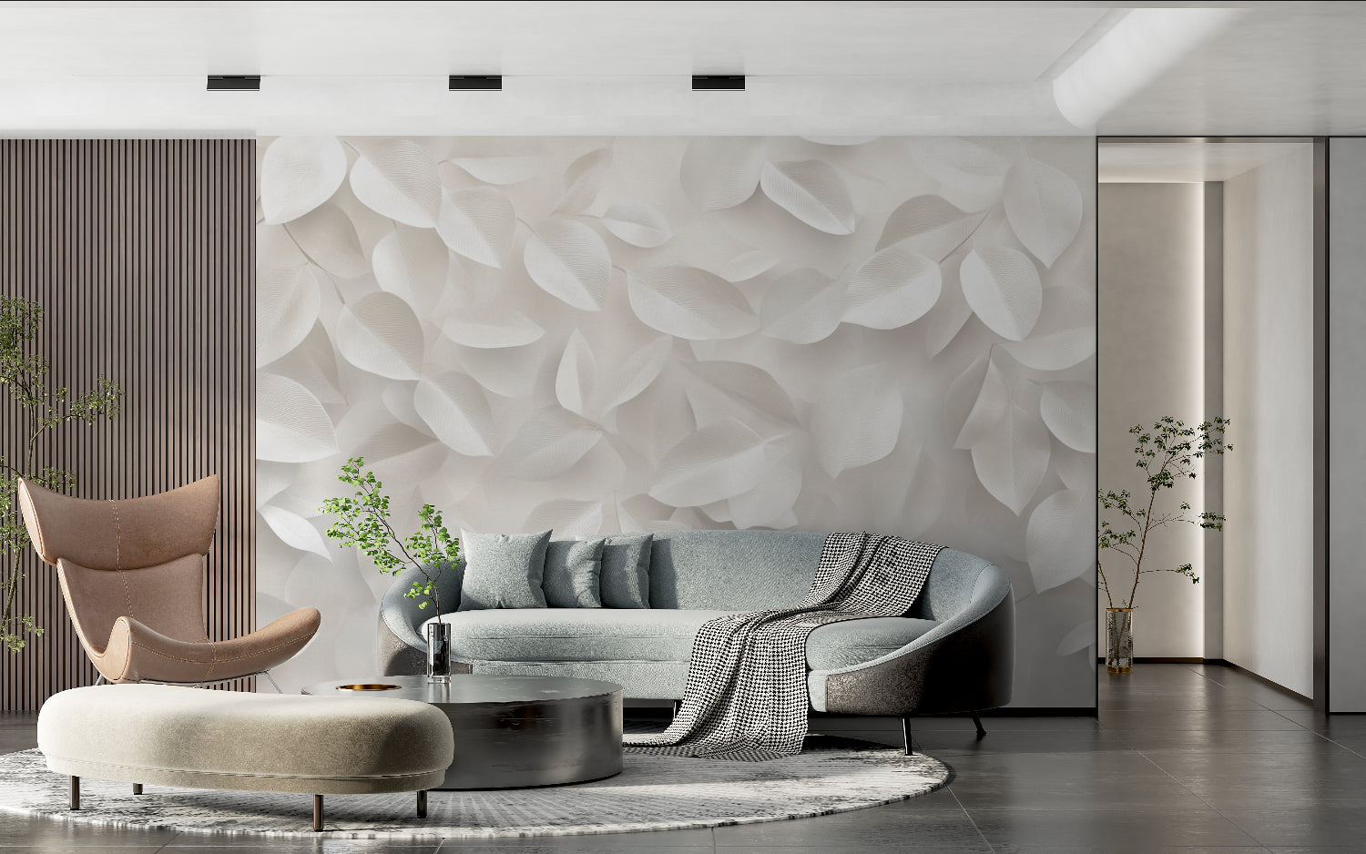 White textured leaf mural adding sophistication to minimal bedroom design