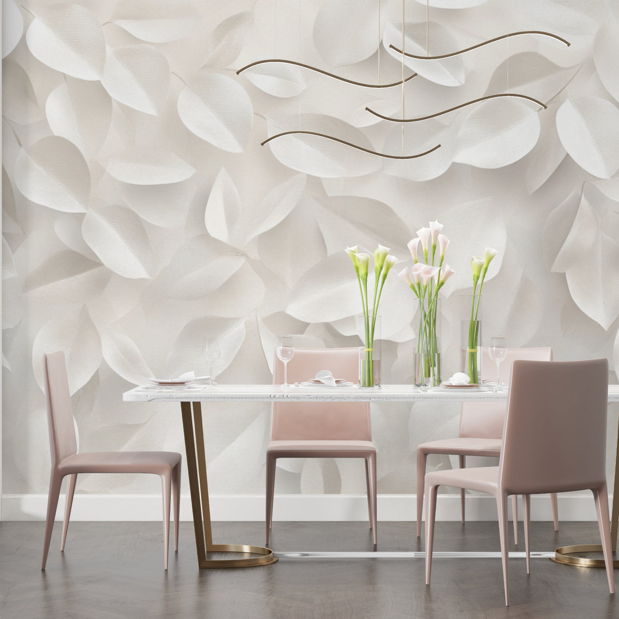 3D white leaf pattern bringing texture to contemporary dining room wall