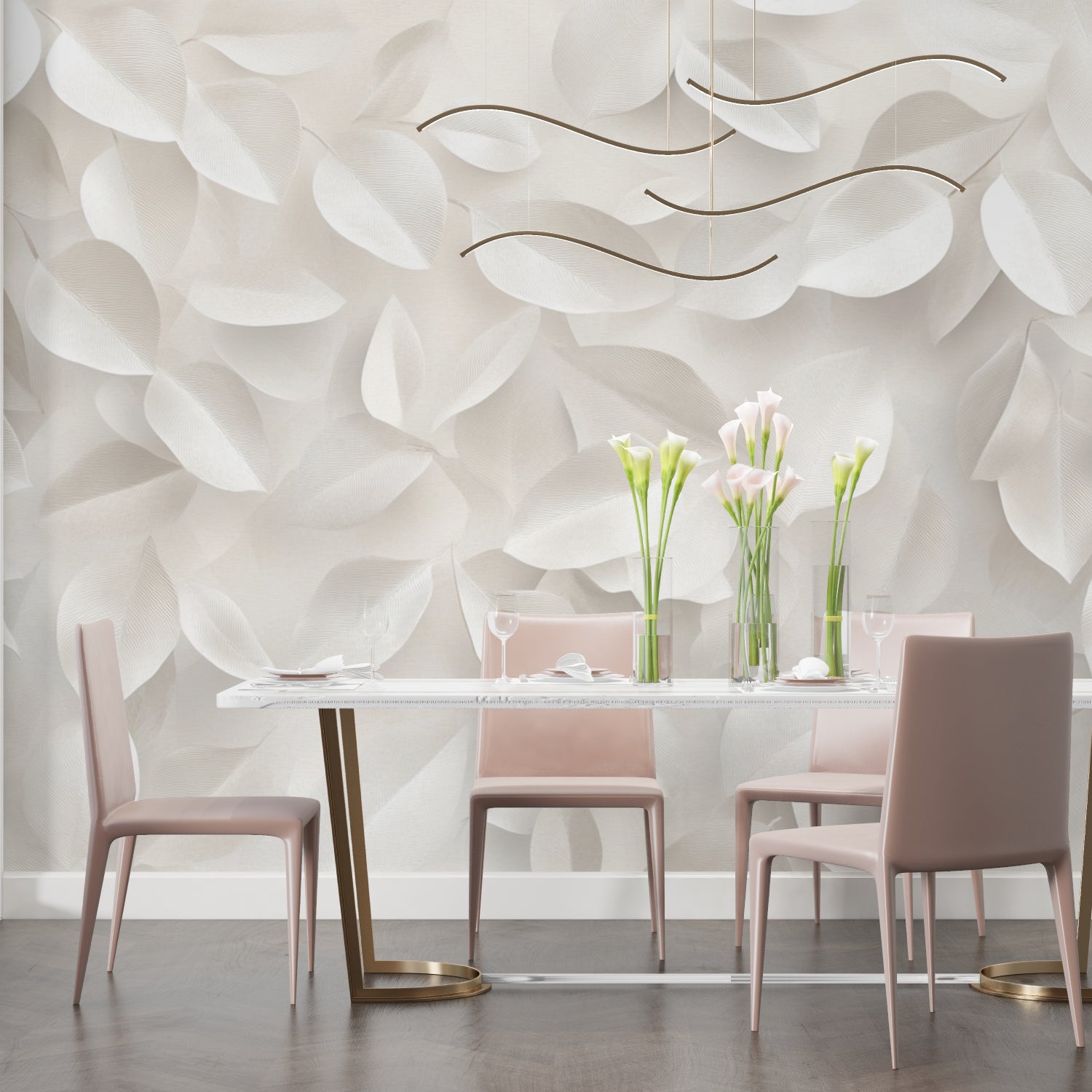 3D white leaf pattern bringing texture to contemporary dining room wall