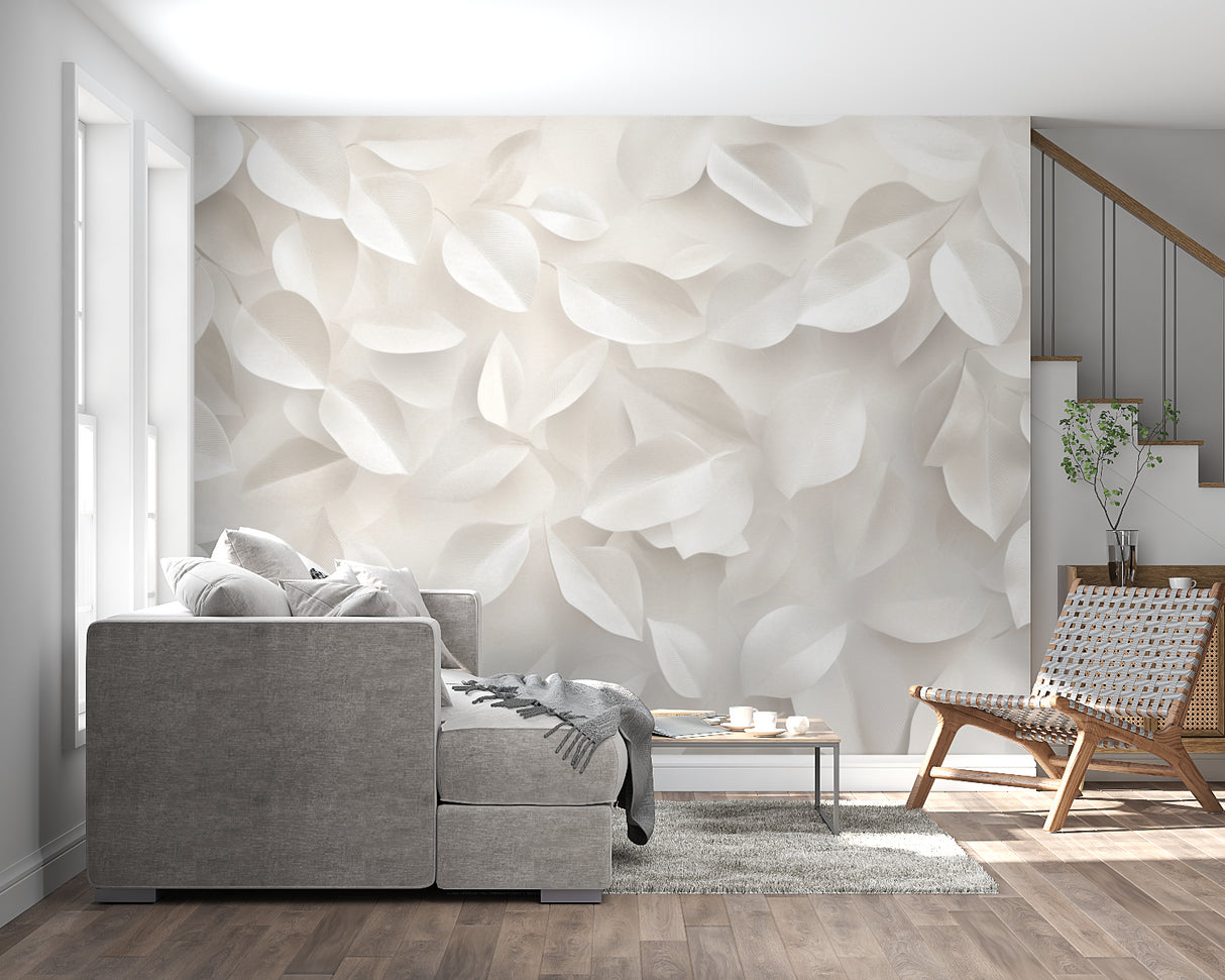 Modern white leaf wallpaper creating serene atmosphere in home office space