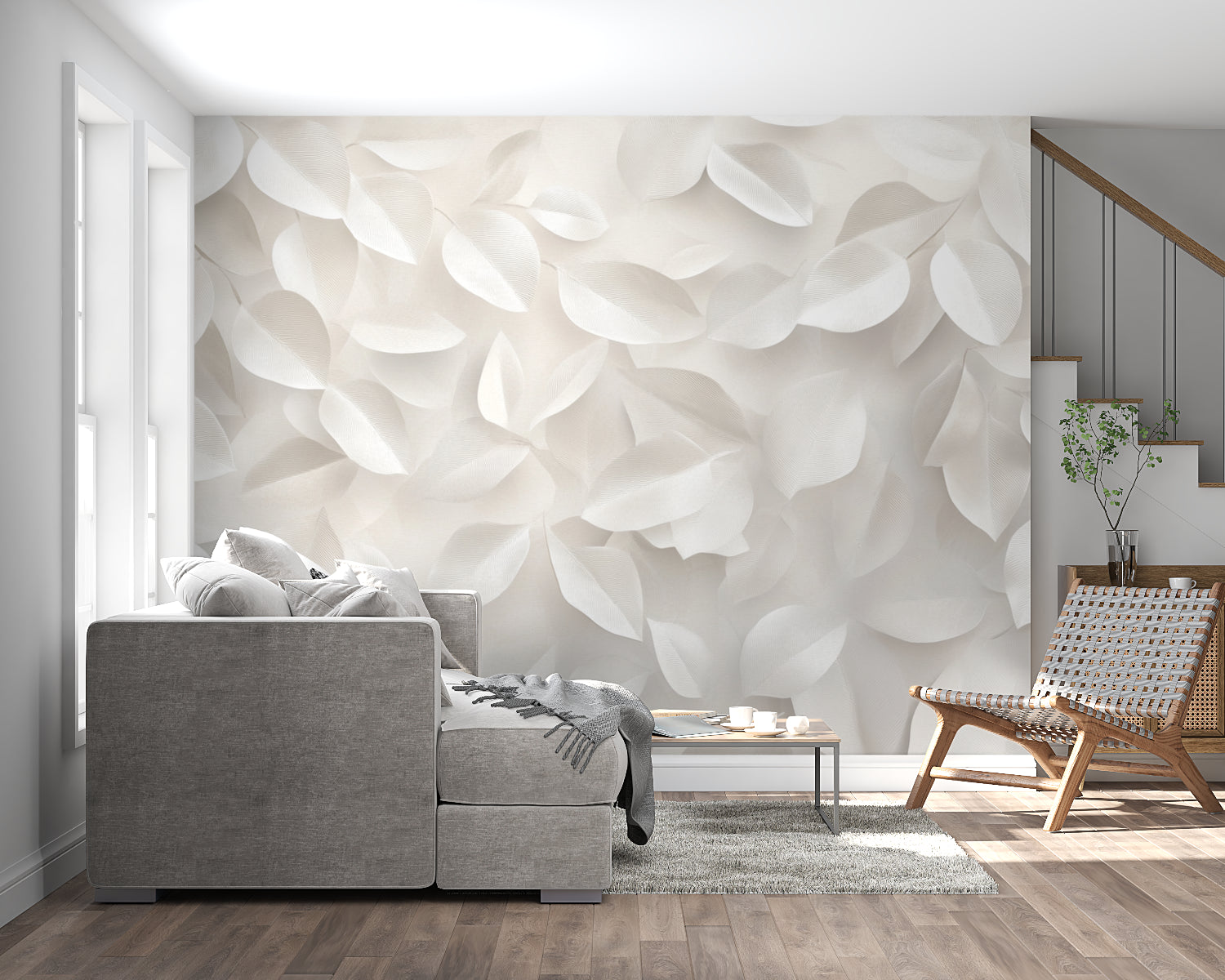 Modern white leaf wallpaper creating serene atmosphere in home office space