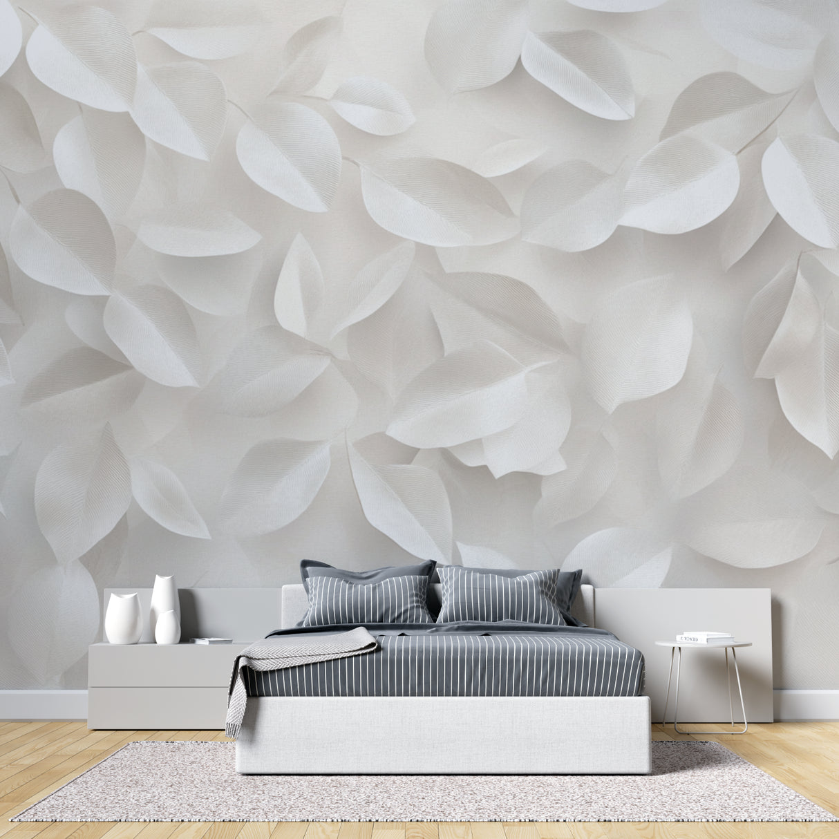Textured leaf mural enhancing luxury master bathroom with soft shadows