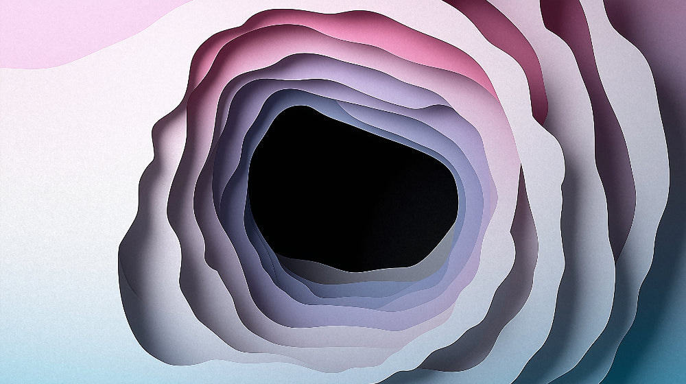 Modern 3D abstract wallpaper creating depth in a minimalist living room, pink and purple tones complement contemporary furniture