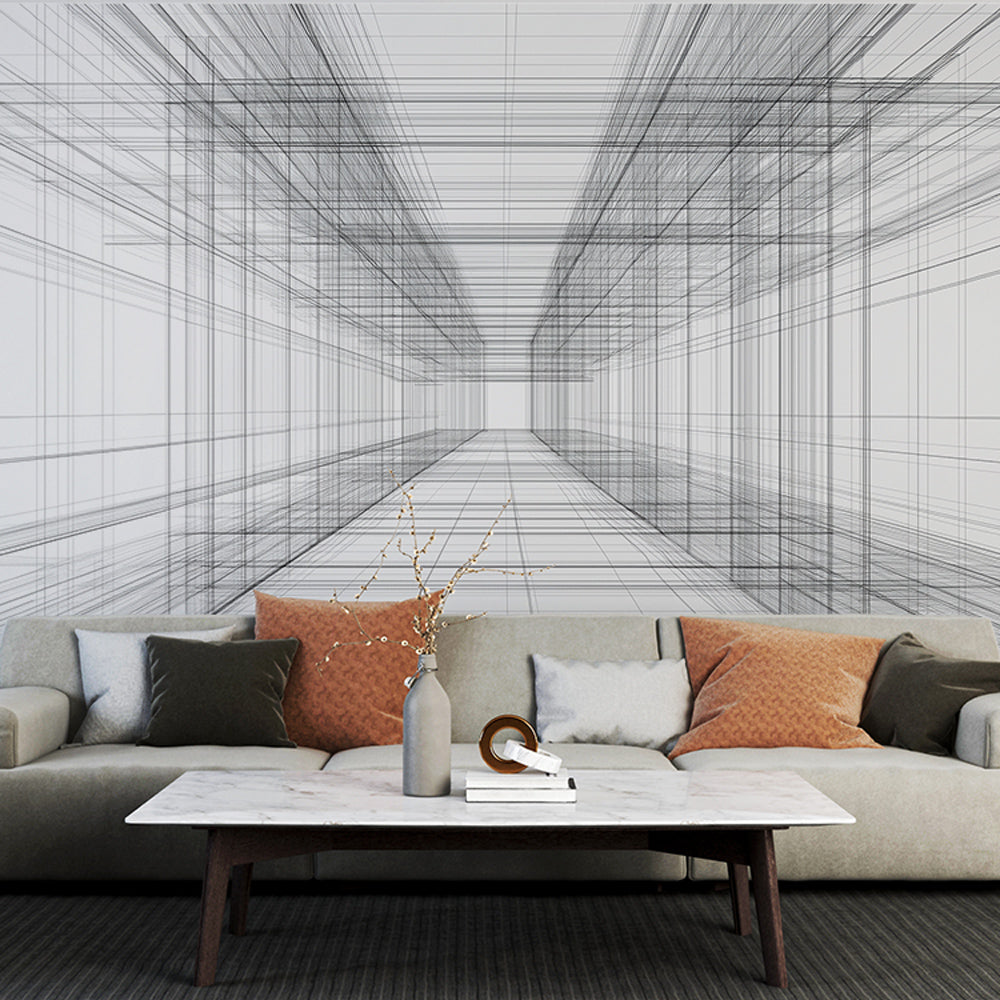 Modern living room featuring 3D architectural perspective wallpaper creating dramatic depth effect on feature wall