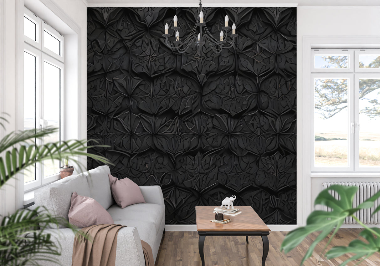 3D pattern wallpaper creating visual interest in an upscale hallway
