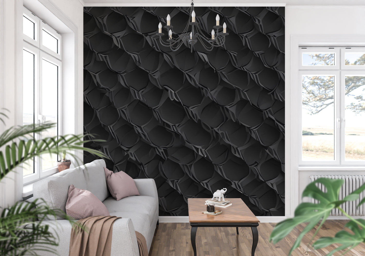 3D black snake pattern feature wall in minimalist dining room