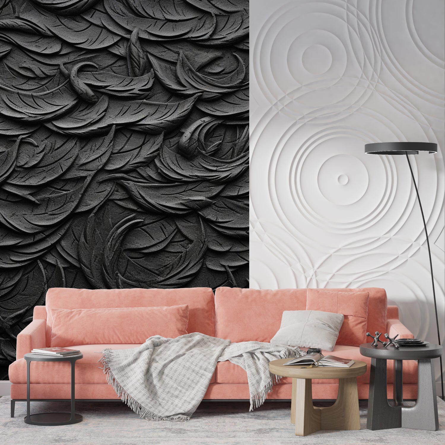 Black 3D feather textured wallpaper in modern living room with natural lighting highlighting the relief pattern