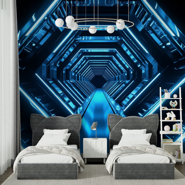 3D tunnel wallpaper creating depth in modern gaming room with LED accent lighting
