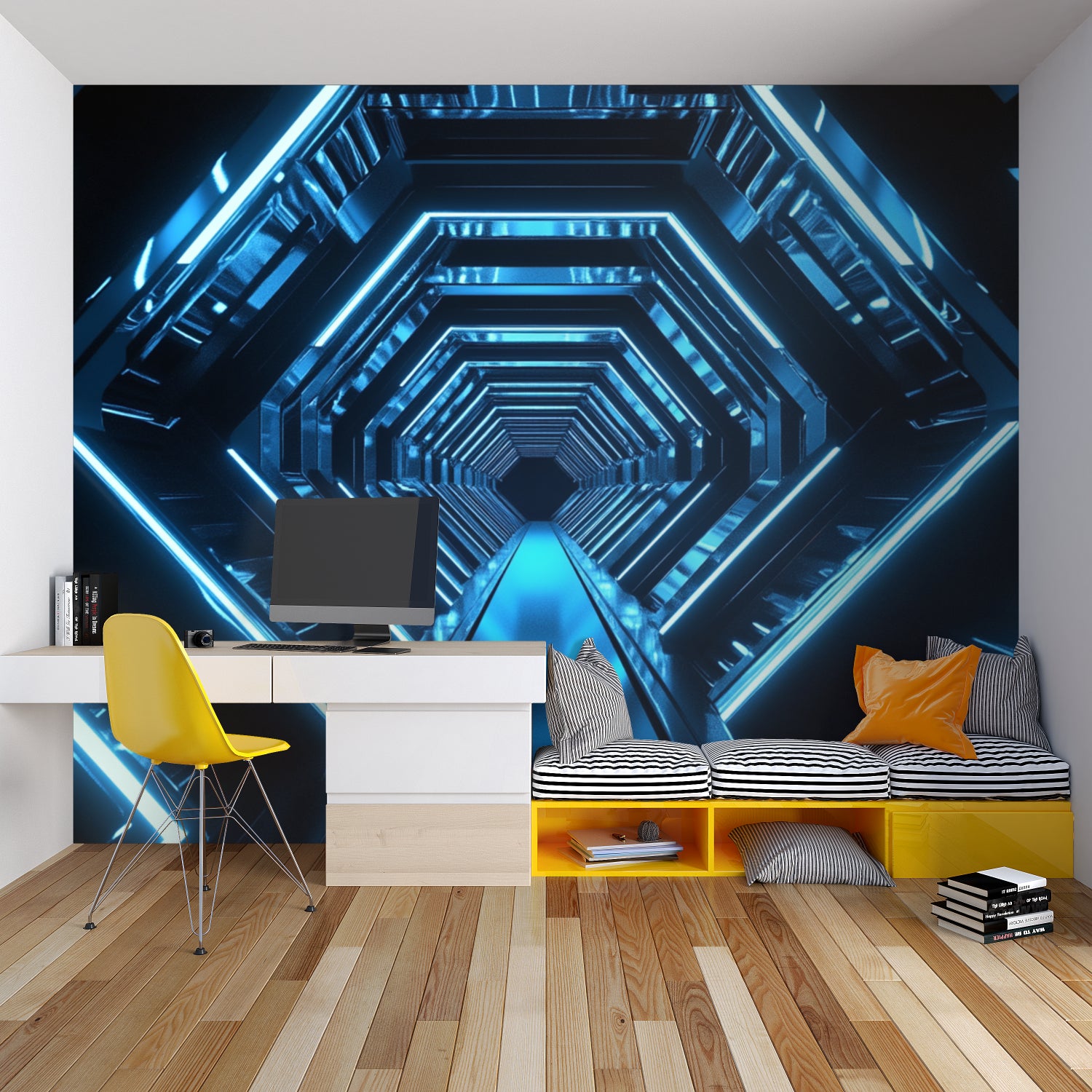 Geometric tunnel mural creating depth in urban studio apartment