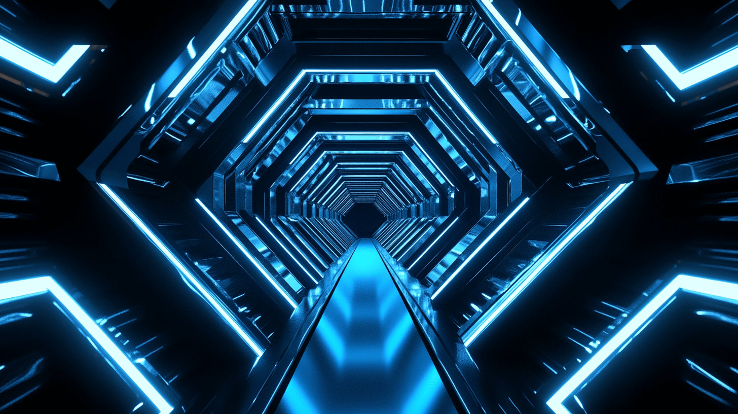 Design file of 3D blue tunnel wallpaper showing detailed geometric pattern and lighting effects