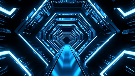 Design file of 3D blue tunnel wallpaper showing detailed geometric pattern and lighting effects