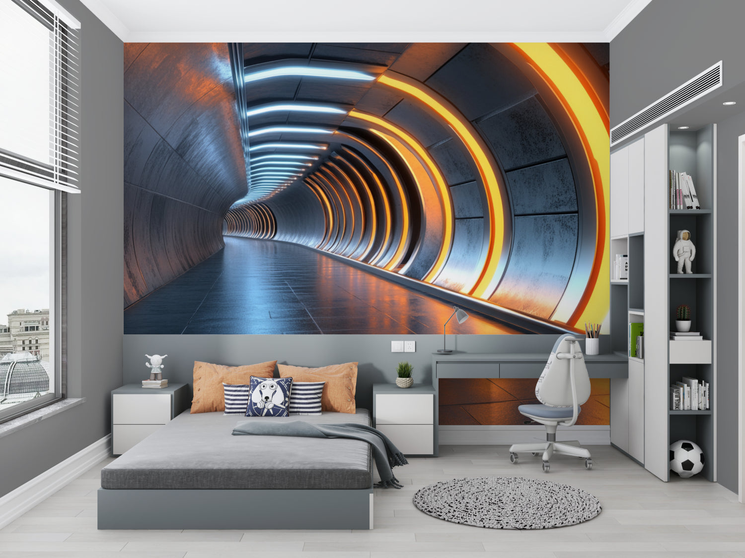 Futuristic 3D tunnel mural in sleek office space with dramatic lighting