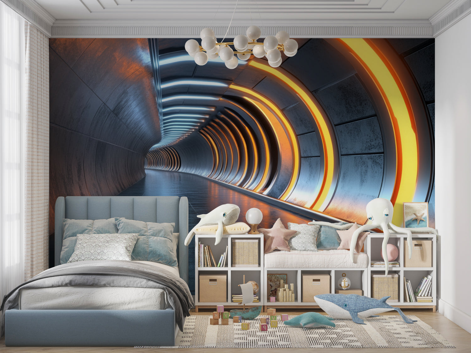 3D perspective wallpaper transforming gaming room with glowing tunnel effect