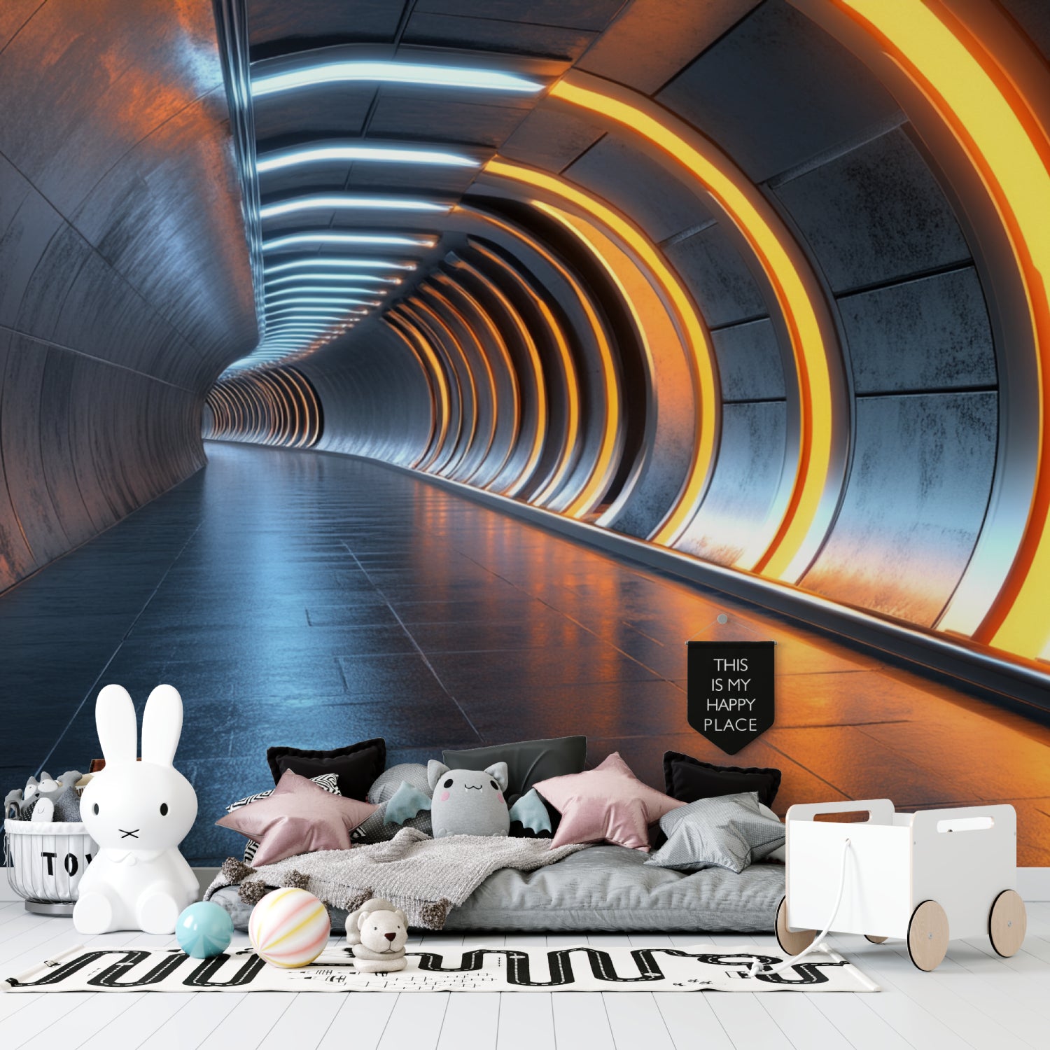 Modern hallway featuring 3D tunnel wallpaper with orange accent lighting