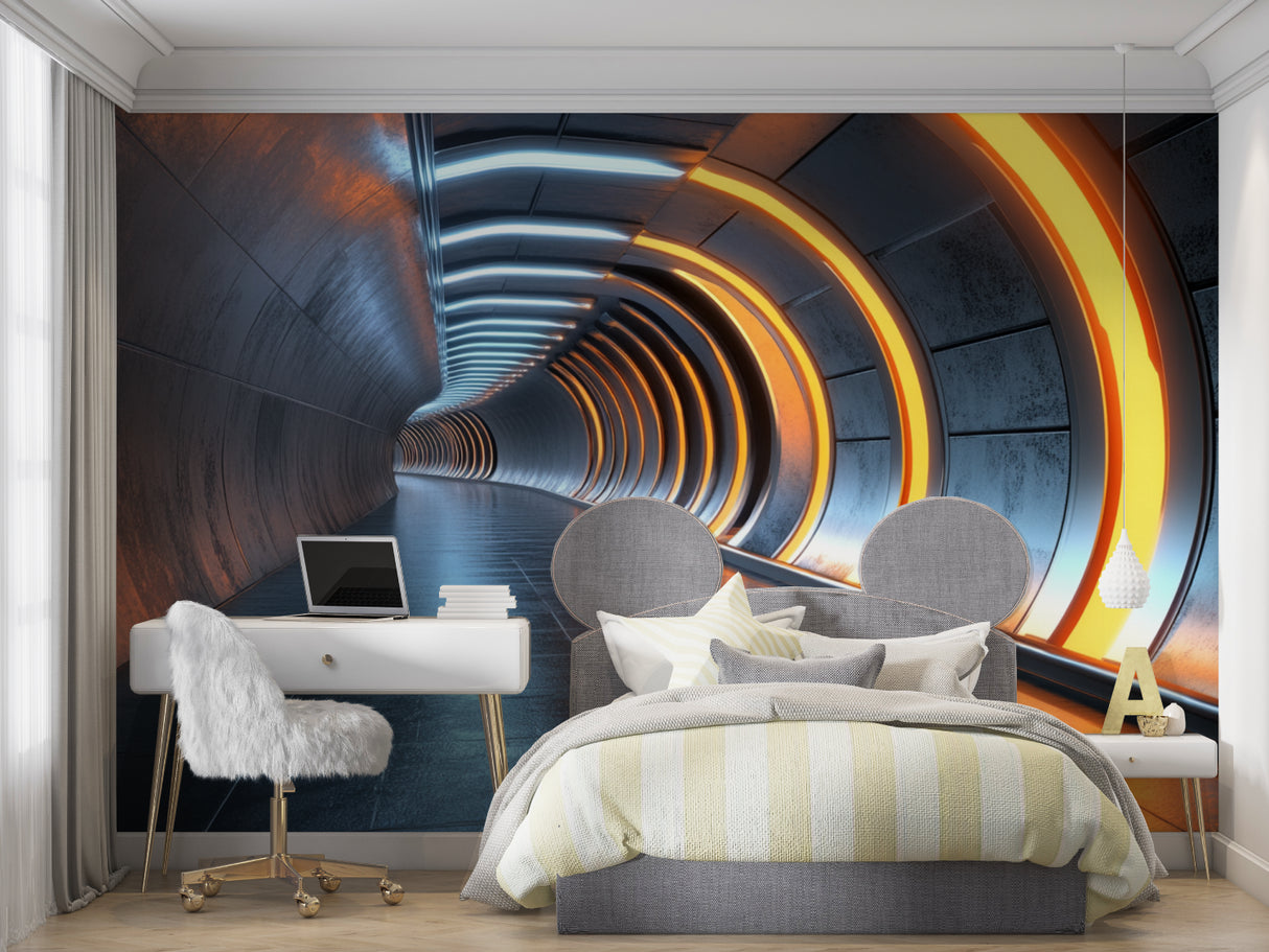 Futuristic tunnel mural creating depth in contemporary bedroom space