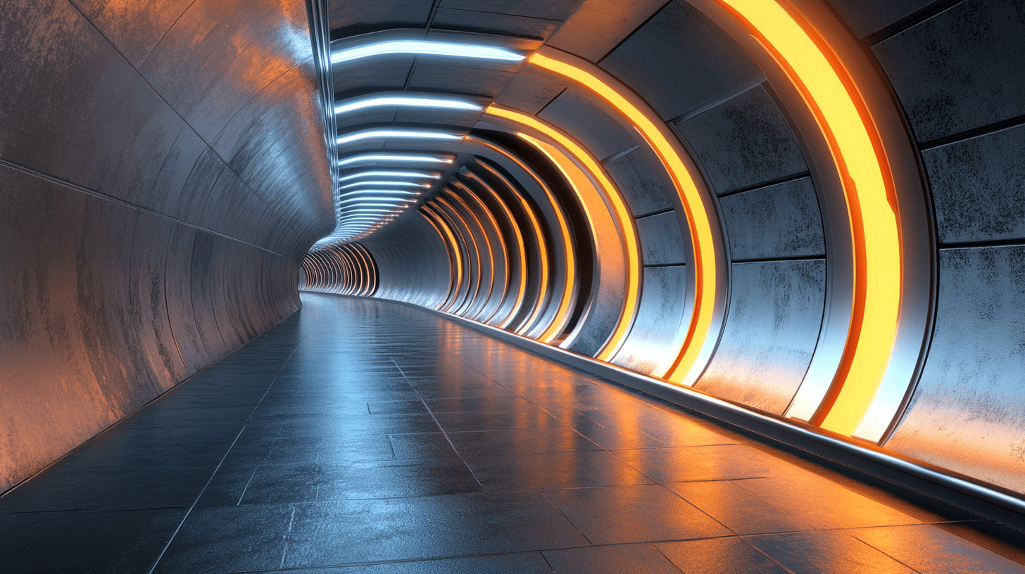 High-resolution design file of 3D tunnel wallpaper with orange glow effect
