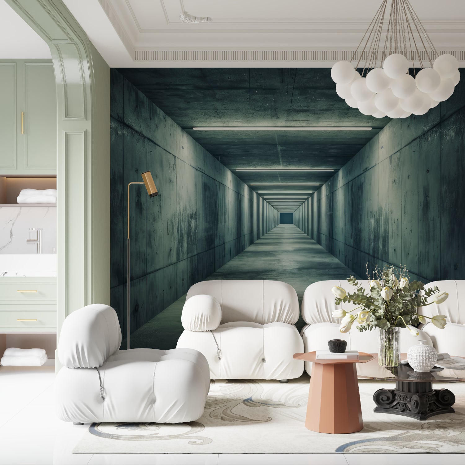 Industrial concrete tunnel mural in office space with contemporary furniture