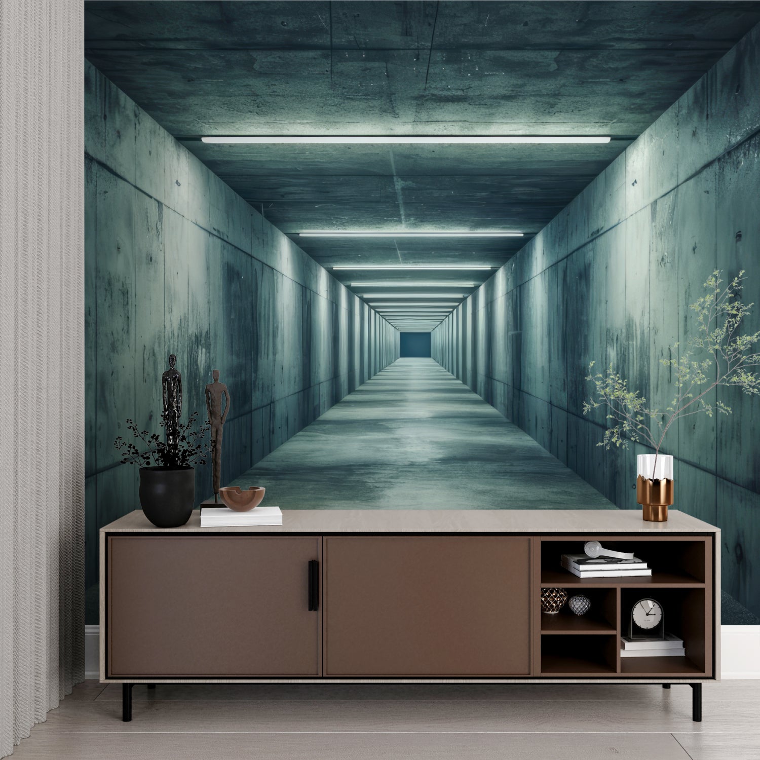 3D effect concrete wallpaper making hallway appear longer with perspective illusion