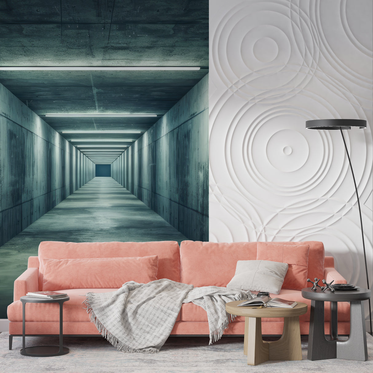 Architectural tunnel wallpaper in urban loft bedroom creating depth