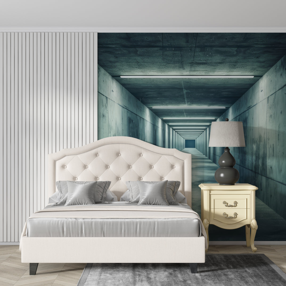 Industrial style mural in dining room with concrete effect and perspective