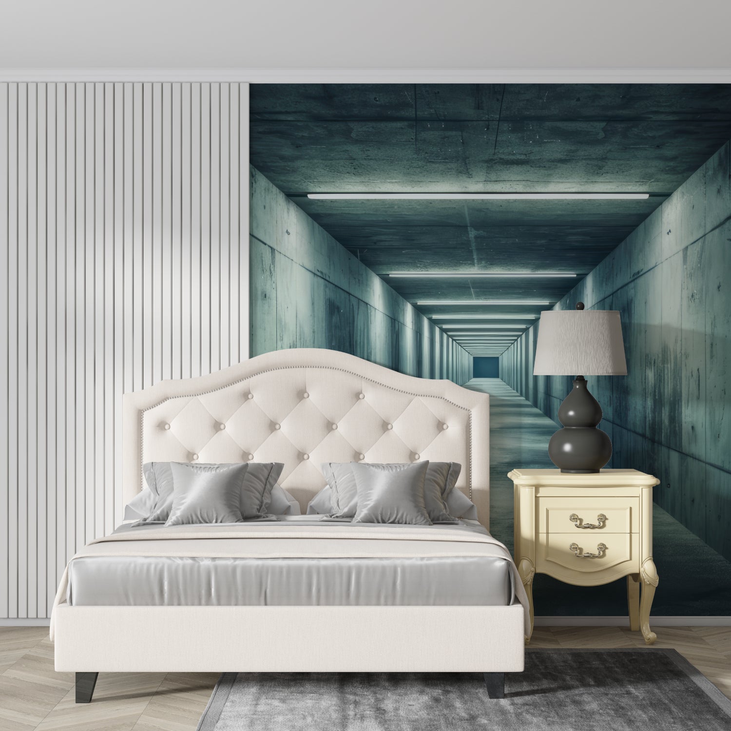 Industrial style mural in dining room with concrete effect and perspective