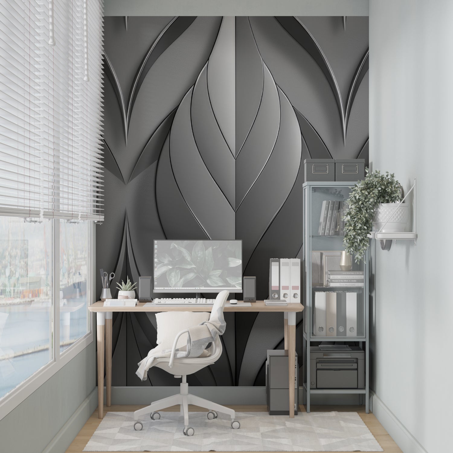 Contemporary office space featuring 3D leaf pattern grey wallpaper behind desk area
