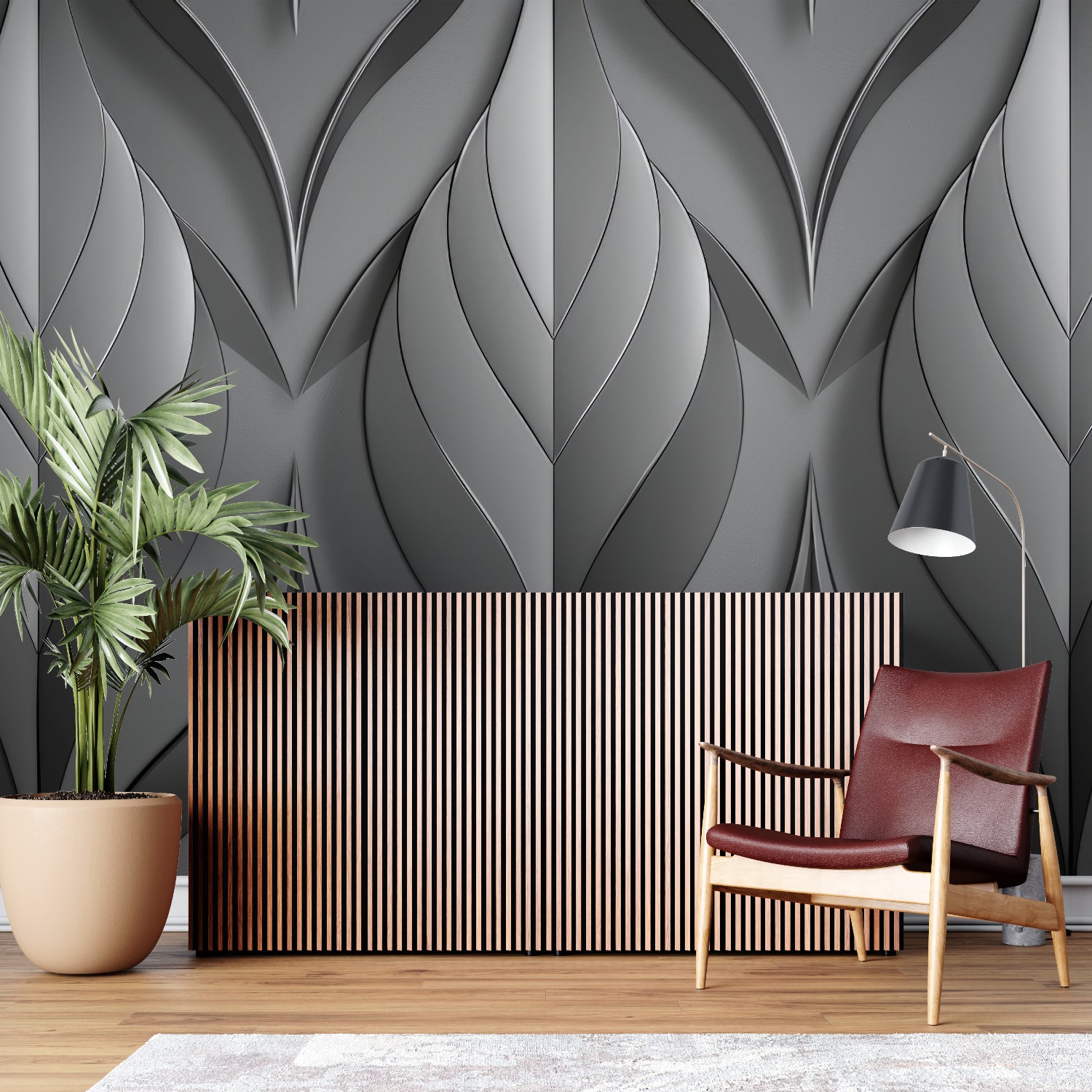 Hotel lobby showcasing modern grey 3D geometric wallpaper in entrance area