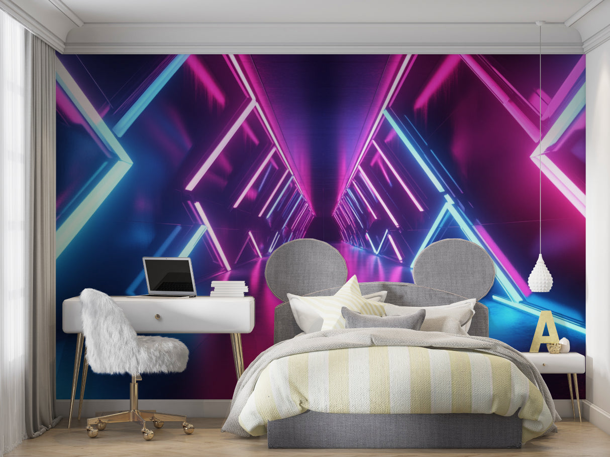 Geometric neon wallpaper adding dimension to teen bedroom with ambient lighting