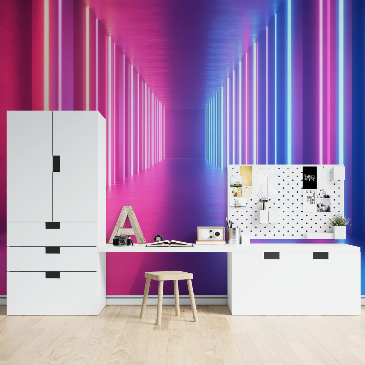3D optical illusion wallpaper in teen bedroom with glowing neon effects