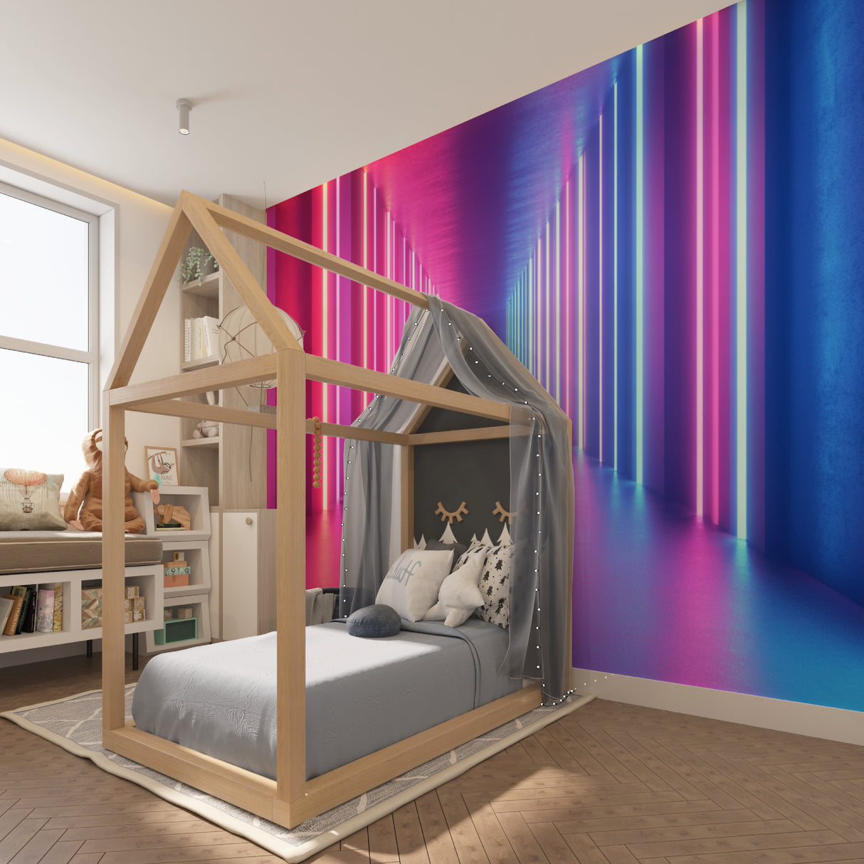 Modern office space with 3D corridor wallpaper creating infinite depth effect