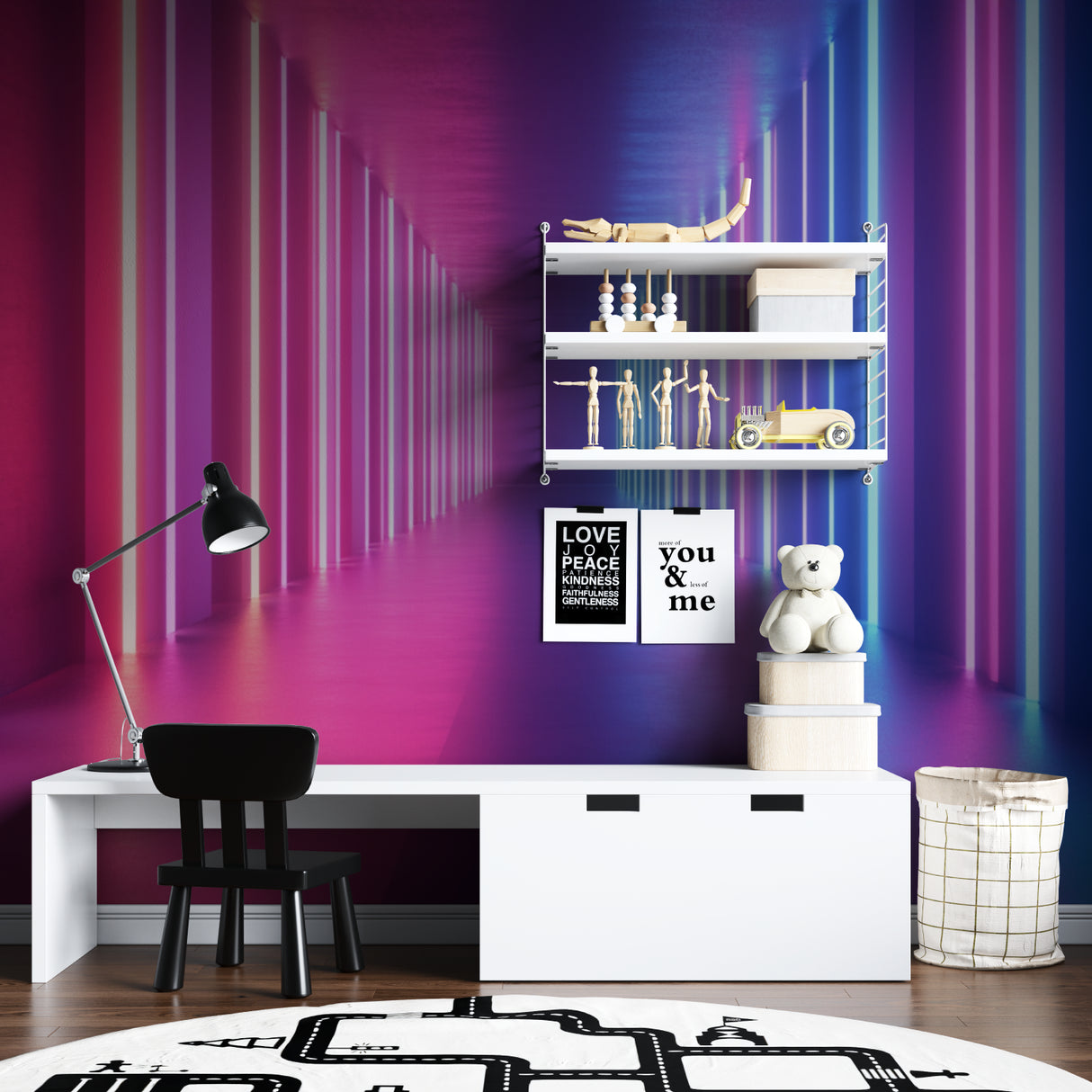 Entertainment room featuring neon lights corridor wallpaper with dramatic lighting