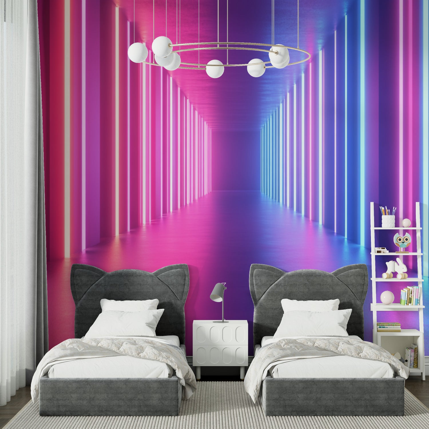 Creative studio space transformed with 3D neon corridor wallpaper design