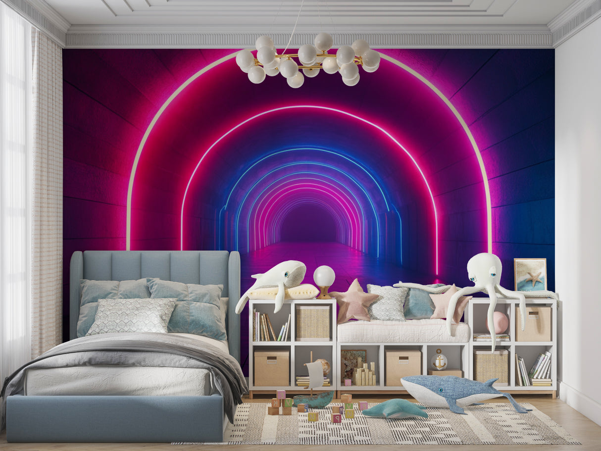 Neon tunnel mural wallpaper in sleek office space with mood lighting