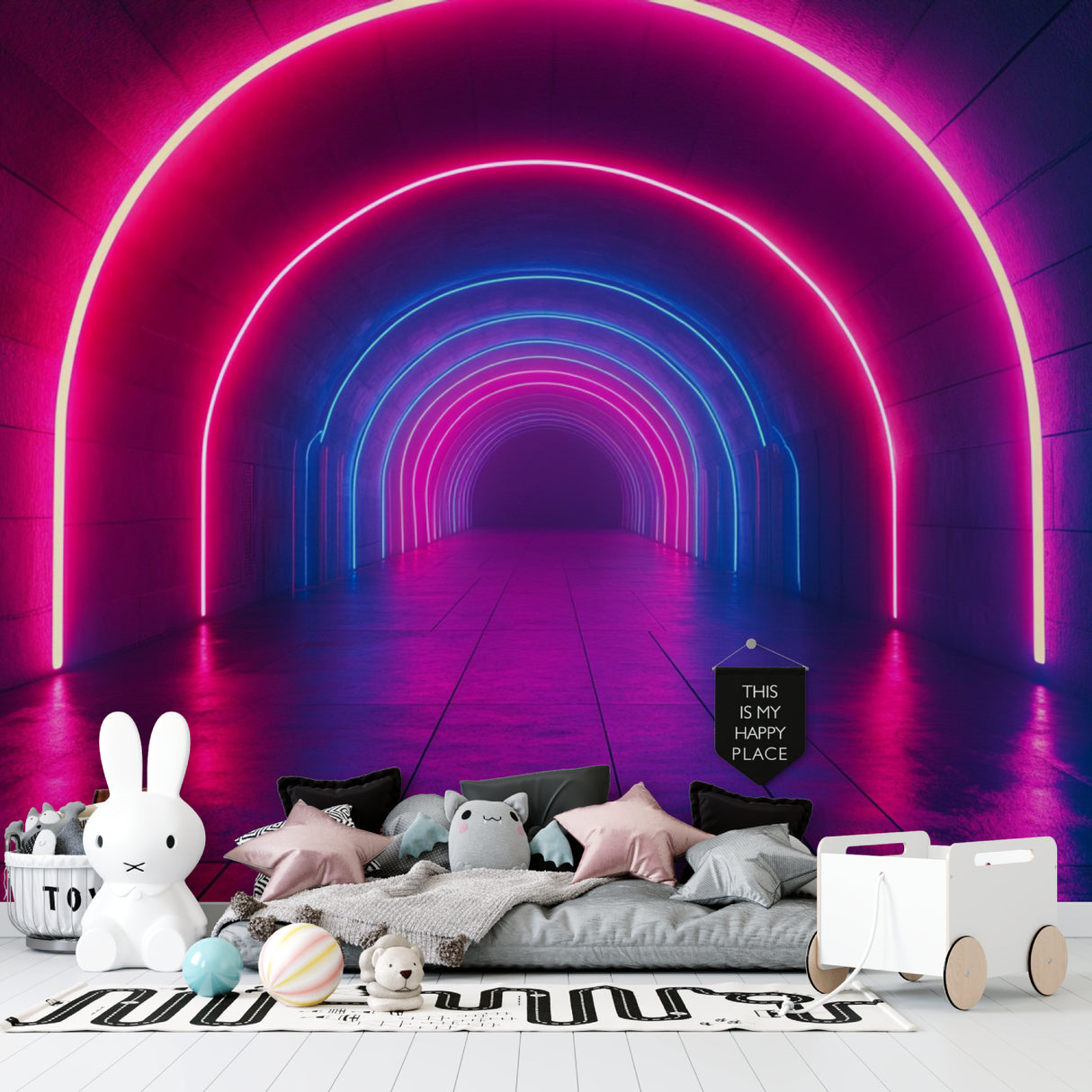 3D optical illusion wallpaper in teen bedroom with LED accent lights
