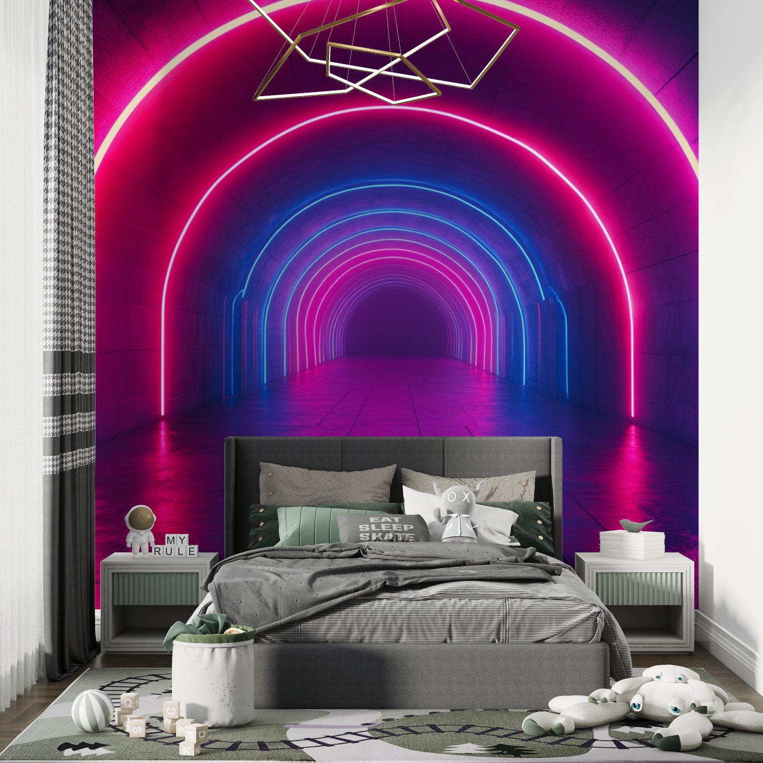 Modern tunnel mural in entertainment room with ambient lighting