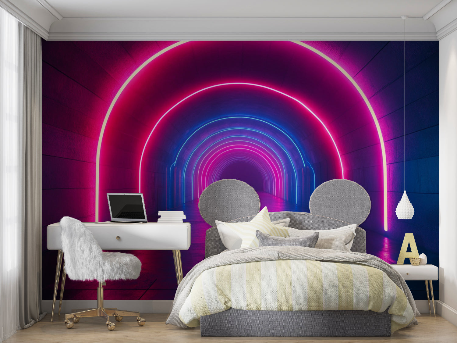 Purple and blue neon tunnel wallpaper in contemporary living space
