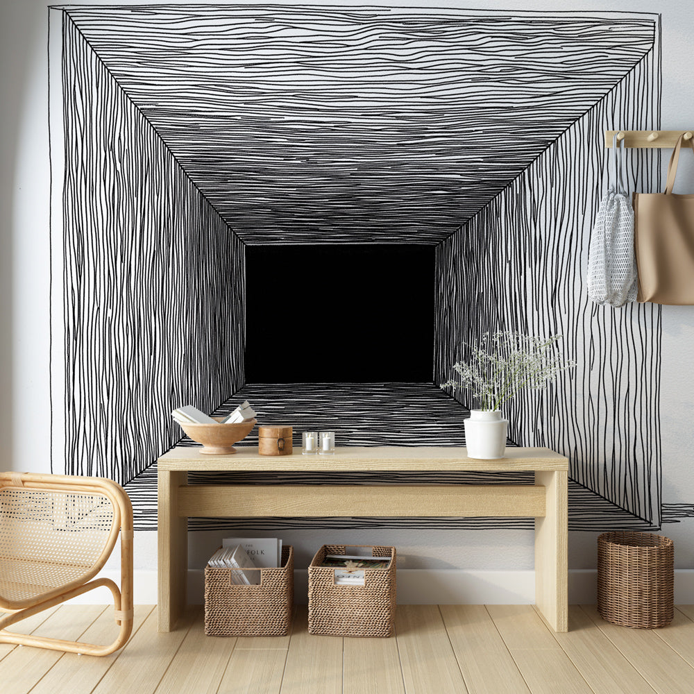Modern 3D Tunnel Wallpaper creating dramatic depth in a minimalist living room, black and white optical illusion design
