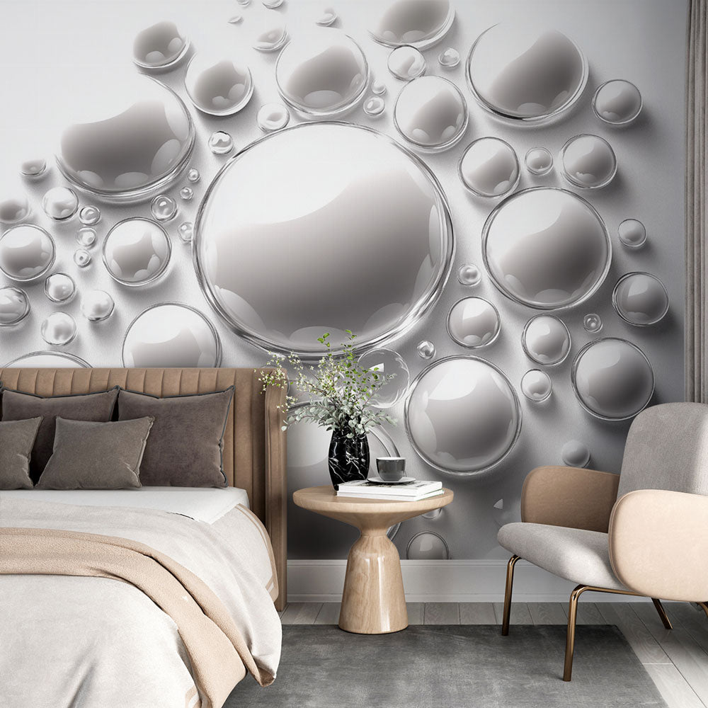 Modern living room showcasing 3D Bubble Pattern Wallpaper with silver spheres creating depth and movement on feature wall