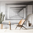 Modern living room with striking 3D optical tunnel wallpaper creating dramatic depth effect behind minimal furniture setting