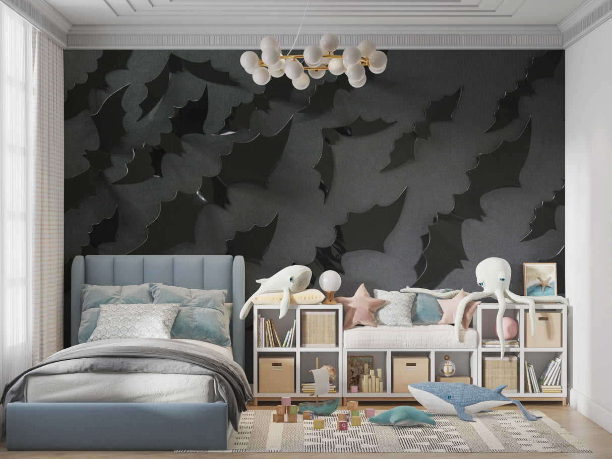 Dramatic 3D leaf pattern mural in contemporary dining room setting