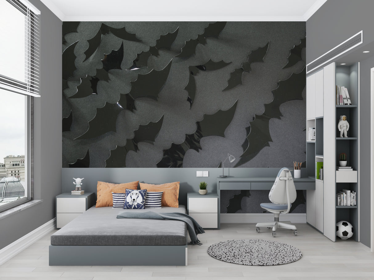 Modern black 3D wallpaper creating depth in master bedroom
