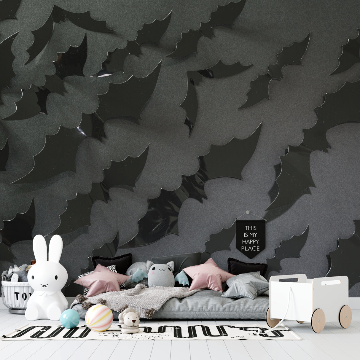 Close-up of 3D black leaf pattern wallpaper texture showing shadow detail