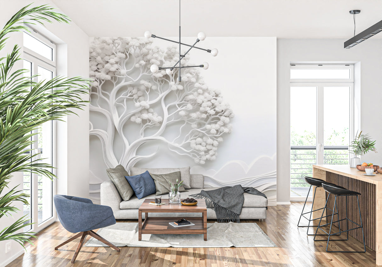 Modern living room featuring 3D tree relief wallpaper in white, creating depth through natural shadows